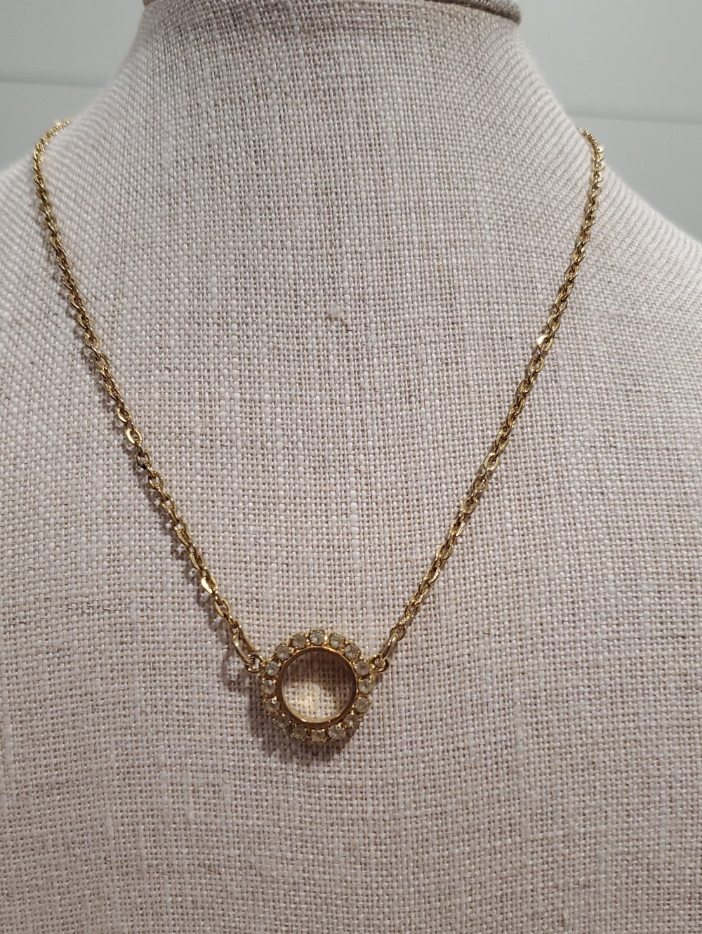 Delicate Gold Circle Pendant Necklace with Crystal Halo.Vintage.